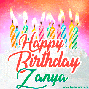Happy Birthday GIF for Zanya with Birthday Cake and Lit Candles