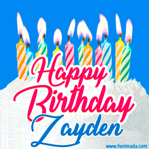 Happy Birthday GIF for Zayden with Birthday Cake and Lit Candles