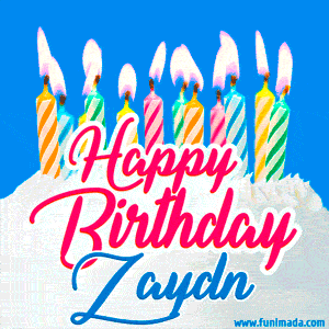 Happy Birthday GIF for Zaydn with Birthday Cake and Lit Candles