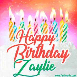 Happy Birthday GIF for Zaylie with Birthday Cake and Lit Candles