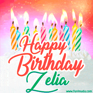 Happy Birthday GIF for Zelia with Birthday Cake and Lit Candles