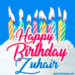 Happy Birthday GIF for Zuhair with Birthday Cake and Lit Candles