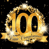 Il numero 100 è circondato da un anello dorato brillante, accompagnato da un nastro elegante con la scritta 'Buon Compleanno!' su uno sfondo scuro.