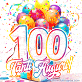 Animazione con palloncini colorati e scintillanti, accompagnata dal numero 100 in caratteri grandi e luminosi, e la scritta 'Tanti Auguri!' in stile vivace.