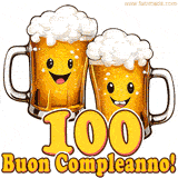 Due boccali di birra sorridenti animati, con il numero 100 e la scritta 'Buon Compleanno!' in caratteri allegri su uno sfondo bianco.