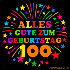 Animiertes GIF 'Alles Gute zum Geburtstag 100 mit bunten Buchstaben und leuchtenden Sternen