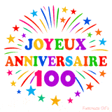 GIF animé joyeux anniversaire 100 ans avec étoiles multicolores et feu d’artifice