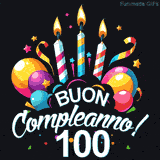 Augura buon compleanno ai 100 anni con questa GIF colorata e festosa: palloncini, stelle e candele per un augurio digitale indimenticabile