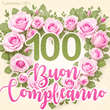 GIF per il 100° compleanno con un cuore di rose rosa e scritta elegante