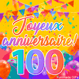 Une animation festive célébrant un 100ème anniversaire, Les mots 'Joyeux Anniversaire' et le nombre '100' sont dans une police colorée, entourés de ballons de fête et de confettis.