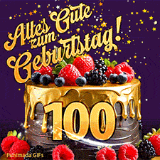 Eine köstlich aussehende animierte Geburtstagskarte für den 100. Geburtstag, dekoriert mit Erdbeeren, Blaubeeren und goldenen Details, Sterne funkeln und fallen, mit 'Alles Gute zum Geburtstag!'-Text.