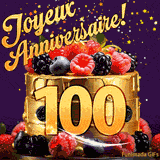 Une animation de célébration d'un gâteau de 100ème anniversaire, Des étoiles dorées tombent du ciel, mettant en valeur le texte 'Joyeux Anniversaire !' et le nombre doré 100 à l'avant du gâteau.