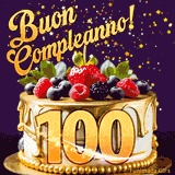 Un GIF animato di una bellissima torta per il 100° compleanno con glassa dorata e frutti di bosco freschi, Il numero dorato 100 è davanti, e stelle cadono su uno sfondo viola scuro.