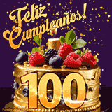 Una animación de celebración de una tarta para el 100º cumpleaños, Estrellas doradas caen del cielo, destacando el texto '¡Feliz Cumpleaños!' y el número dorado 100 en la tarta.