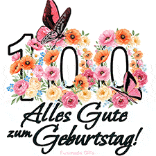 Ein florales GIF zum 100. Geburtstag. Die Zahl '100' ist von animierten Blumen und Schmetterlingen umgeben und bietet eine schöne und fröhliche Art, den Meilenstein zu feiern.