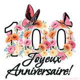 Ce GIF de Joyeux 100ème Anniversaire présente le nombre vingt rempli d'un bouquet vibrant de fleurs animées, avec des papillons qui bougent doucement sur un fond blanc.