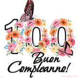 Questo GIF di Buon 100° Compleanno mostra il numero venti riempito con un vibrante bouquet di fiori animati, con farfalle che si muovono dolcemente su uno sfondo bianco.