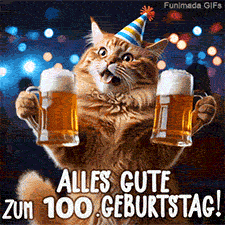 Erstaunte Katze mit buntem Hut hebt zwei schäumende Bierhumpen in die Höhe. Text: Alles Gute zum 100. Geburtstag! Bunte Lichteffekte im Hintergrund.