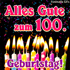 Eine Reihe heller Kerzenflammen unter einem wirbelnden Konfetti-Regen. Die Grafik zeigt den Wunsch Alles Gute zum 100. Geburtstag in großen Lettern.