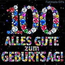 Auf schwarzem Grund befinden sich die Zahl 100 und Alles Gute zum Geburtstag aus leuchtenden Juwelen neben kleinen bunten Funken.