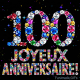 Le chiffre 100 et les mots Joyeux Anniversaire formés de diamants colorés étincelants sur fond noir avec de petites étoiles scintillantes animées.