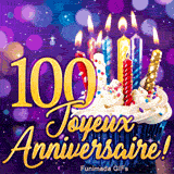 GIF centenaire 100 ans : le grand chiffre 100 en or d'exception avec un cupcake aux bougies illuminées sur fond violet.