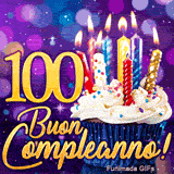 GIF centenario 100 anni: il grande numero 100 in oro di eccezione con un cupcake e candele accese su sfondo violetto.