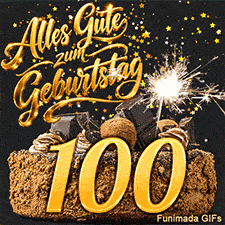 Die runde 100 erstrahlt majestätisch auf der Geburtstagstorte. Eine sprühende Wunderkerze und fallende Goldsterne begleiten Alles Gute zum Geburtstag.
