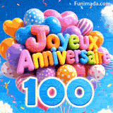 Sous la toile de fond d'un ciel bleu, un bouquet de ballons festifs en mouvement présente le texte 3D Joyeux Anniversaire et le chiffre bleu 100 suspendu.