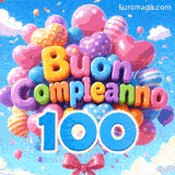 Sotto il fondale di un cielo azzurro, un mazzo di palloncini festosi in movimento presenta il testo 3D Buon Compleanno e il numero azzurro 100 sospeso.