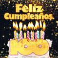 Tarjeta de cumpleaños feliz de 100 años con torta y velas (GIF)