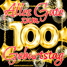 Glänzende goldene Ballons und ein quadratischer Glitzerrahmen: Animiertes GIF zum 100. Geburtstag mit der großen goldenen Zahl 100