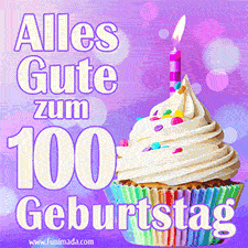 Ein lebendiges Geburtstags-GIF mit einem dekorierten Cupcake, einer Kerze und der Zahl 100 auf einem bunten Hintergrund.