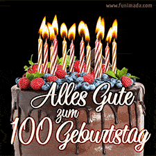 Das Geburtstags-GIF zeigt einen Schokoladenkuchen mit Beeren und Kerzen zur Feier eines 100. Geburtstags.