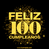 GIF animado con un diseño dorado, mostrando el número 100 rodeado de fuegos artificiales y luces que resaltan una atmósfera festiva y vibrante.