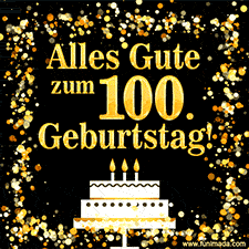 Dieses lebhafte Geburtstags-GIF zeigt eine Torte mit Kerzen, goldenem Konfetti und der Zahl 100.