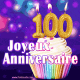 GIF animé joyeux anniversaire pour 100 ans avec un cupcake coloré, des bougies dorées en forme de 100 et un fond violet scintillant.