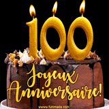 GIF animé pour un 100e anniversaire avec une élégante gâteau au chocolat, des bougies dorées formant le chiffre 100 et le texte 'Joyeux Anniversaire!' en écriture dorée.