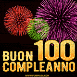 Animazione di fuochi d'artificio colorati con il numero 100 in oro brillante e la scritta 'Buon Compleanno' su uno sfondo nero festivo ed elegante.