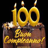 GIF animato con una torta al cioccolato decorata con crema, dettagli dorati e due candele accese che formano il numero 100. Messaggio 'Buon Compleanno' in scritta elegante.
