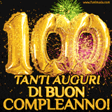Palloncini dorati a forma del numero 100, accompagnati da scintille e fuochi d'artificio su sfondo nero, con il messaggio 'Tanti auguri di Buon Compleanno!'.
