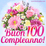 Bouquet animato con rose rosa, margherite e altri fiori colorati, con il numero 100 e la scritta 'Buon Compleanno!' in stile elegante e luminoso.