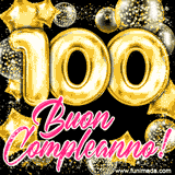 Animazione con palloncini dorati a forma del numero 100, circondati da decorazioni scintillanti e la scritta 'Buon Compleanno!' in caratteri rosa accattivanti.
