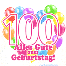 Ein verspieltes animiertes Geburtstags-GIF mit bunten Ballons in Herzform und der Zahl 100.
