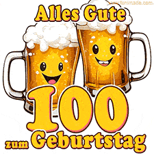 Zwei lustige Bierkrüge mit fröhlichen Gesichtern hüpfen auf und ab. Der Text lautet 'Alles Gute zum 100. Geburtstag'.