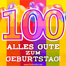 Große Zahl 35 in Umrissschrift, die Worte 'Alles Gute zum 100. Geburtstag', mehrfarbige animierte Ballons und lebendiger Hintergrund.