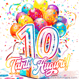 Animazione con palloncini colorati e scintillanti, accompagnata dal numero 10 in caratteri grandi e luminosi, e la scritta 'Tanti Auguri!' in stile vivace.