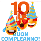 Due boccali di birra sorridenti animati, con il numero 10 e la scritta 'Buon Compleanno!' in caratteri allegri su uno sfondo bianco.
