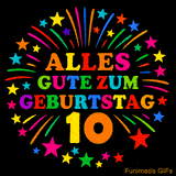 Animiertes GIF 'Alles Gute zum Geburtstag 10 mit bunten Buchstaben und leuchtenden Sternen