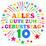 Bunte 'Alles Gute zum Geburtstag' Animation für den 10. Geburtstag mit Sternen und bunten Farben